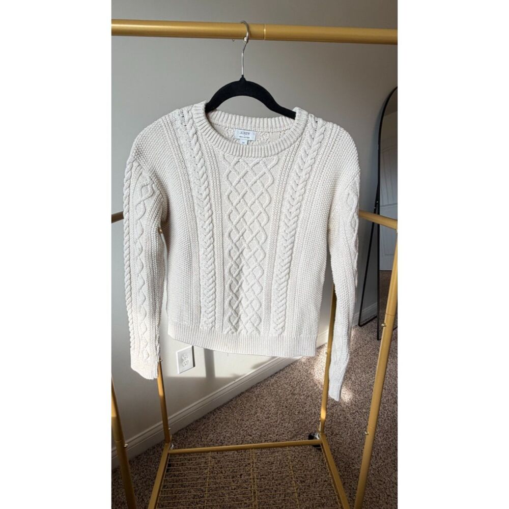J.Crew Cable Knit Cotton Crewneck Sweater Cream White FA25 Quiet Luxury Size XS